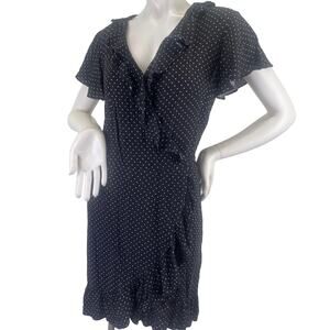 Who What Wear Womens V Neck Black White Polka Dot Ruffle Wrap Dress SS Size S